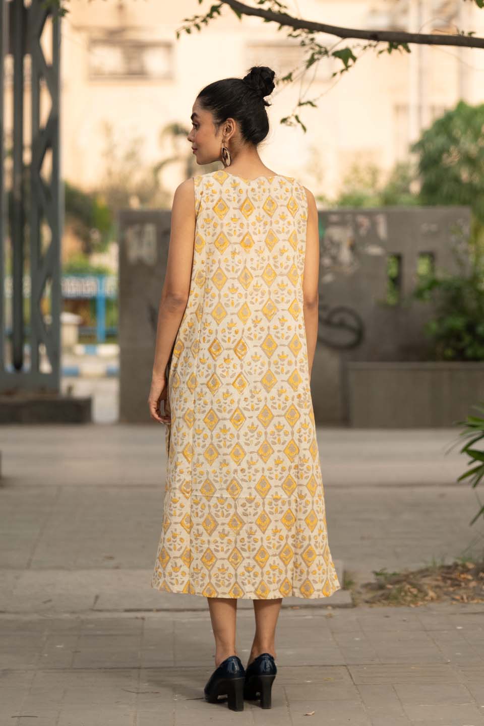Golden Lattice — Hand Block Print Cotton A-Line Dress