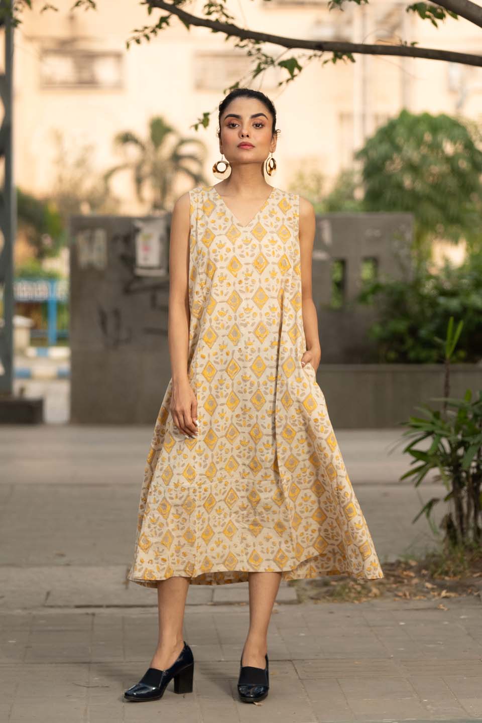 Golden Lattice — Hand Block Print Cotton A-Line Dress