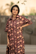 Plum Vine — Block Print Cotton Tiered Shirt Dress with High-Low Hem