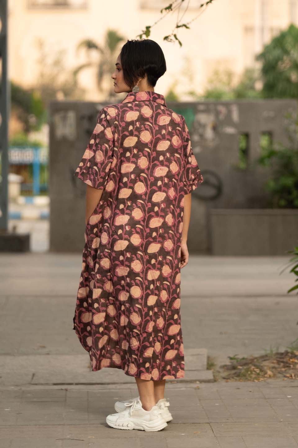 Plum Vine — Block Print Cotton Tiered Shirt Dress with High-Low Hem