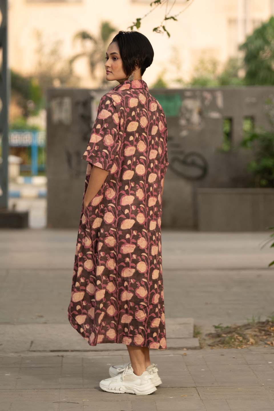 Plum Vine — Block Print Cotton Tiered Shirt Dress with High-Low Hem