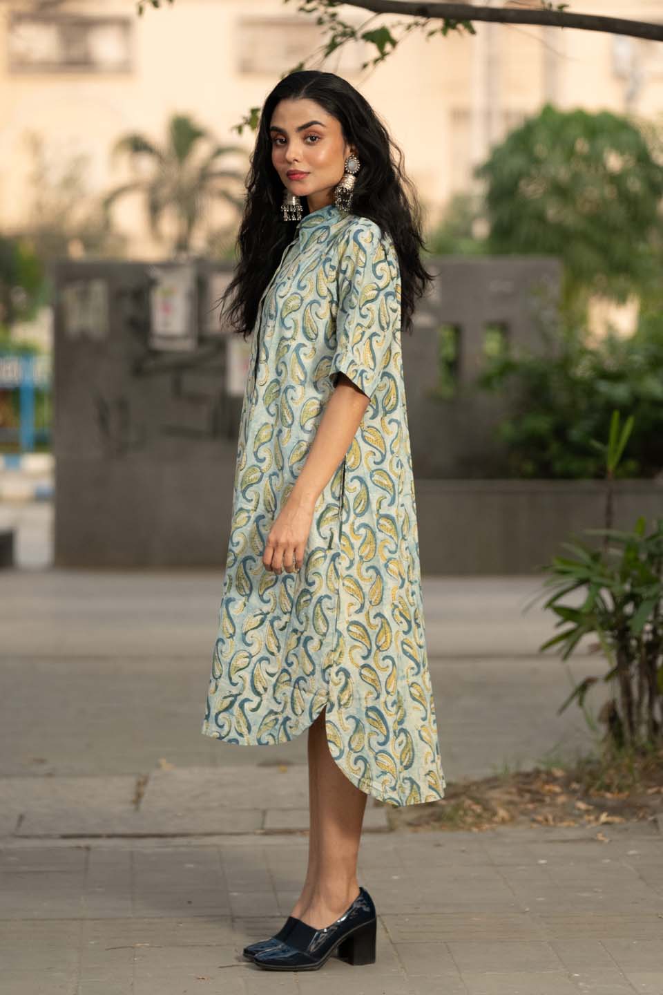 Mist Paisley — Block Print Cotton Kaftan Dress with High-Low Hem