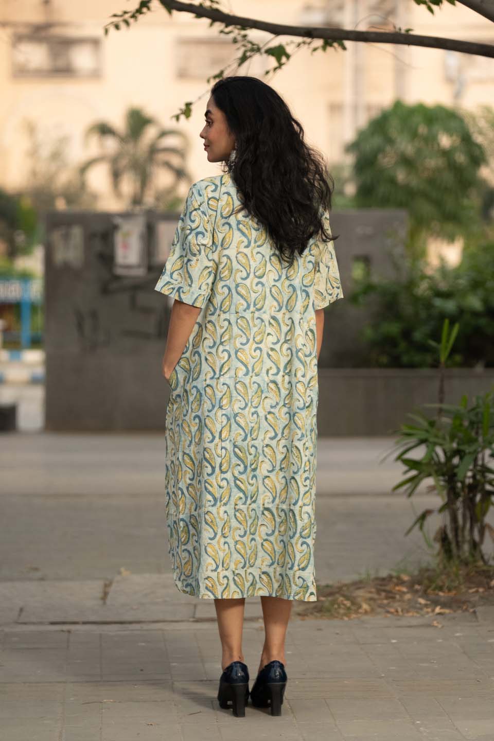 Mist Paisley — Block Print Cotton Kaftan Dress with High-Low Hem