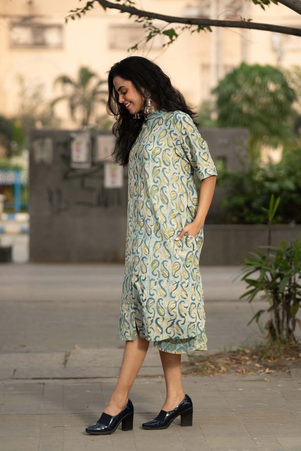 Mist Paisley — Block Print Cotton Kaftan Dress with High-Low Hem