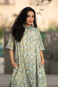 Mist Paisley — Block Print Cotton Kaftan Dress with High-Low Hem