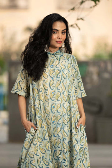 Mist Paisley — Block Print Cotton Kaftan Dress with High-Low Hem