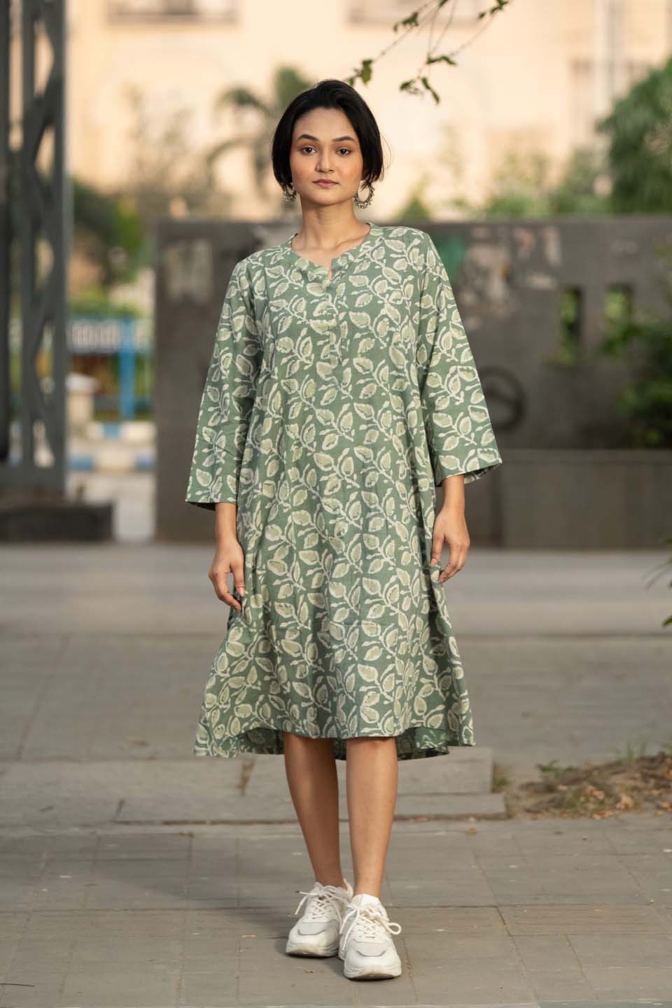 Sage Leaf — Block Print Cotton Pleated Kaftan Dress
