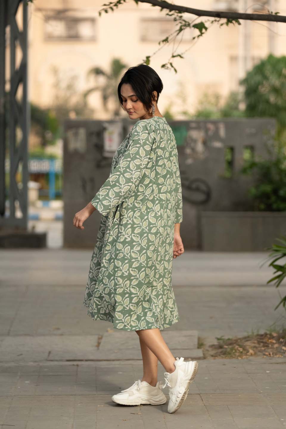 Sage Leaf — Block Print Cotton Pleated Kaftan Dress