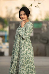 Sage Leaf — Block Print Cotton Pleated Kaftan Dress