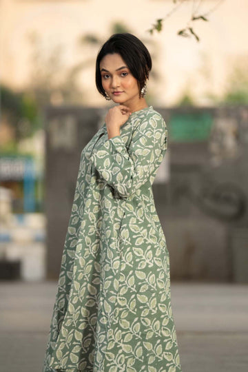 Sage Leaf — Block Print Cotton Pleated Kaftan Dress