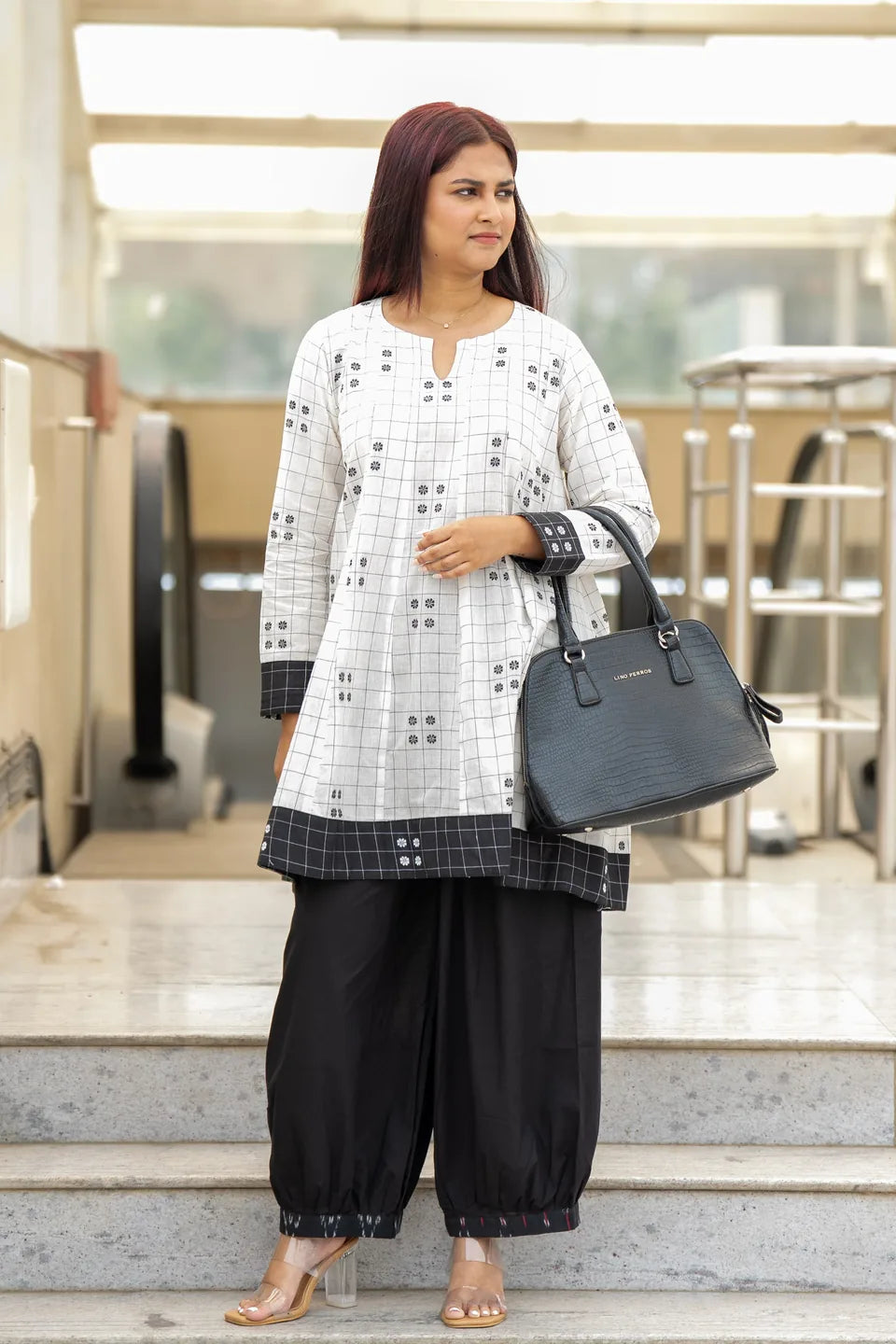 Pepper Check — Black & White Check Flared Cotton Kurti