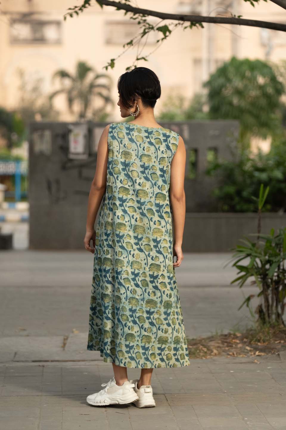 Garden Mist — Block Print Cotton Pleated Dress in Mint Botanical