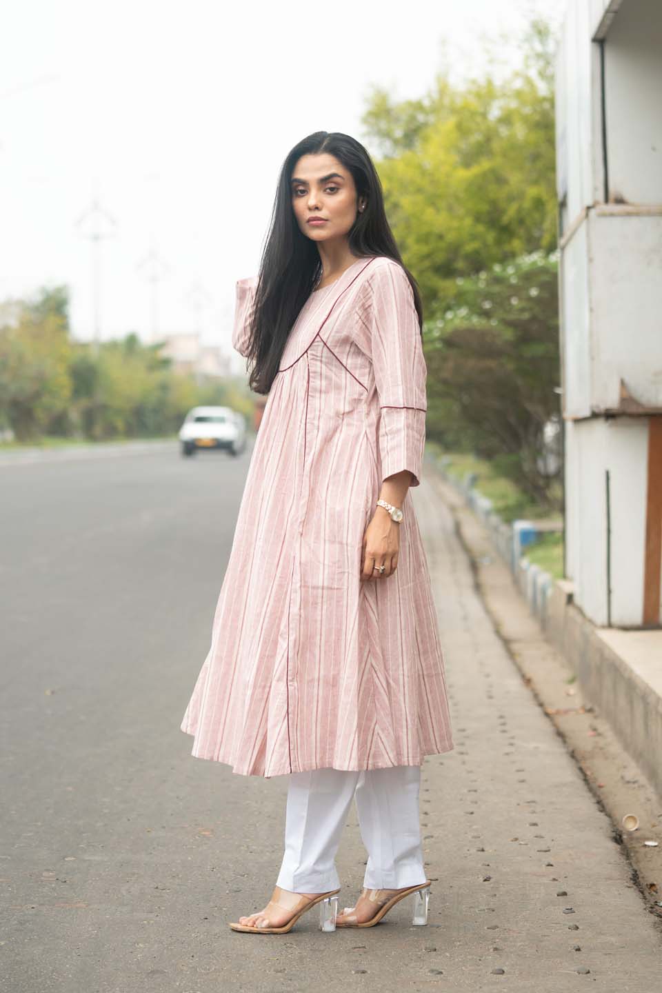 Blush Pleat — Empire-Cut Striped Cotton Kurta