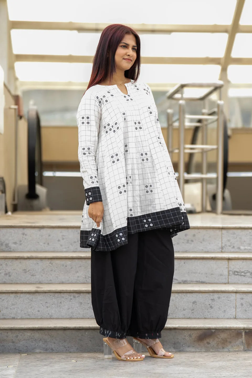 Pepper Check — Black & White Check Flared Cotton Kurti