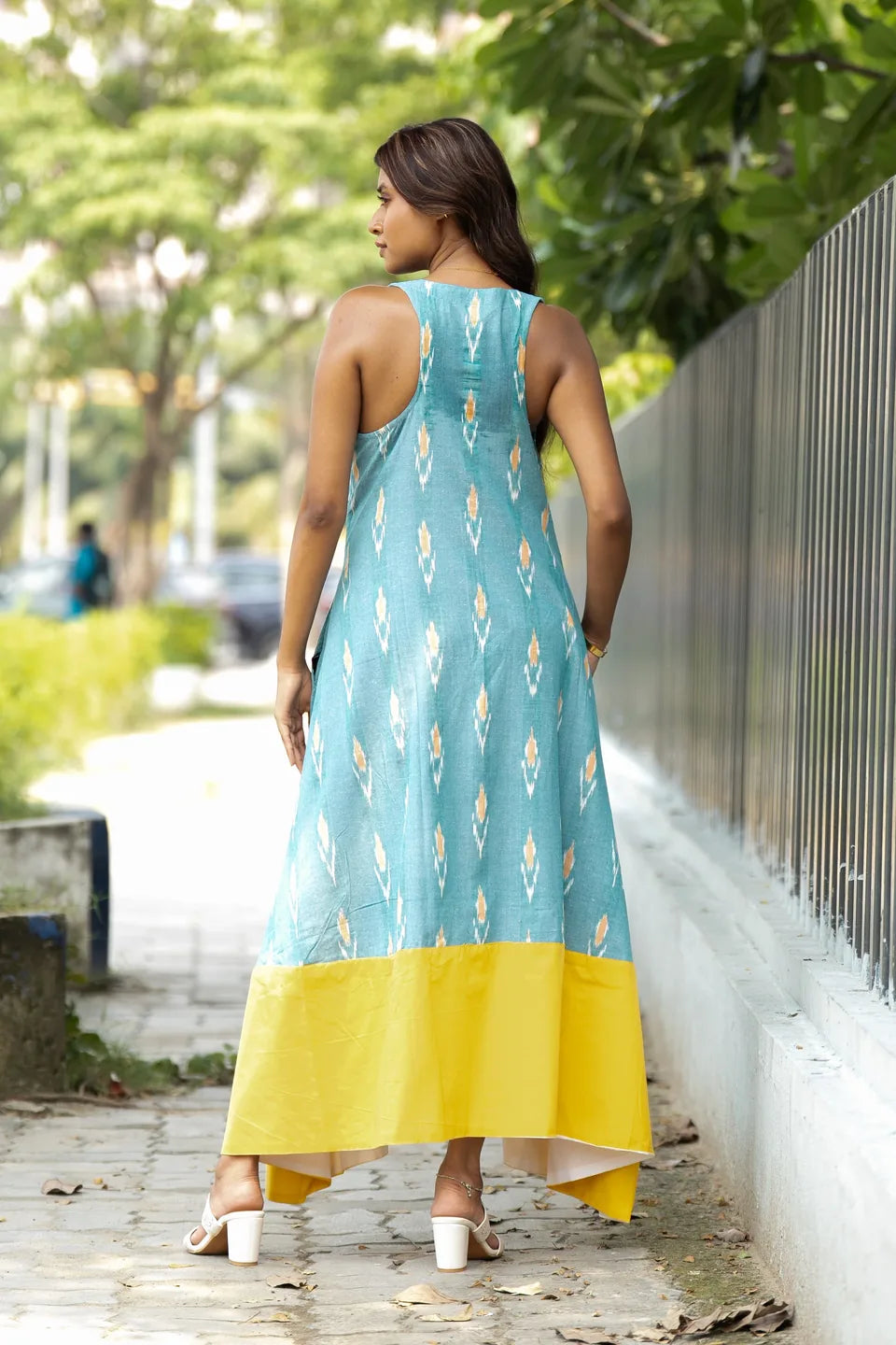 Lagoon Ikat — Ikat Cotton Sleeveless Maxi Dress with Contrast Hem