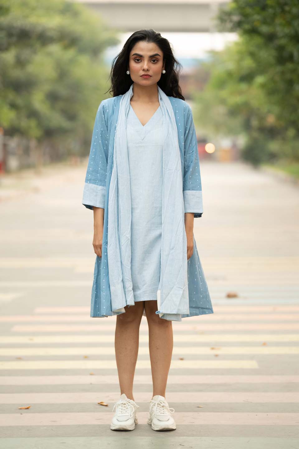 Sky Dot — Cotton Stripe Dress with Dot Shrug and Attached Stole
