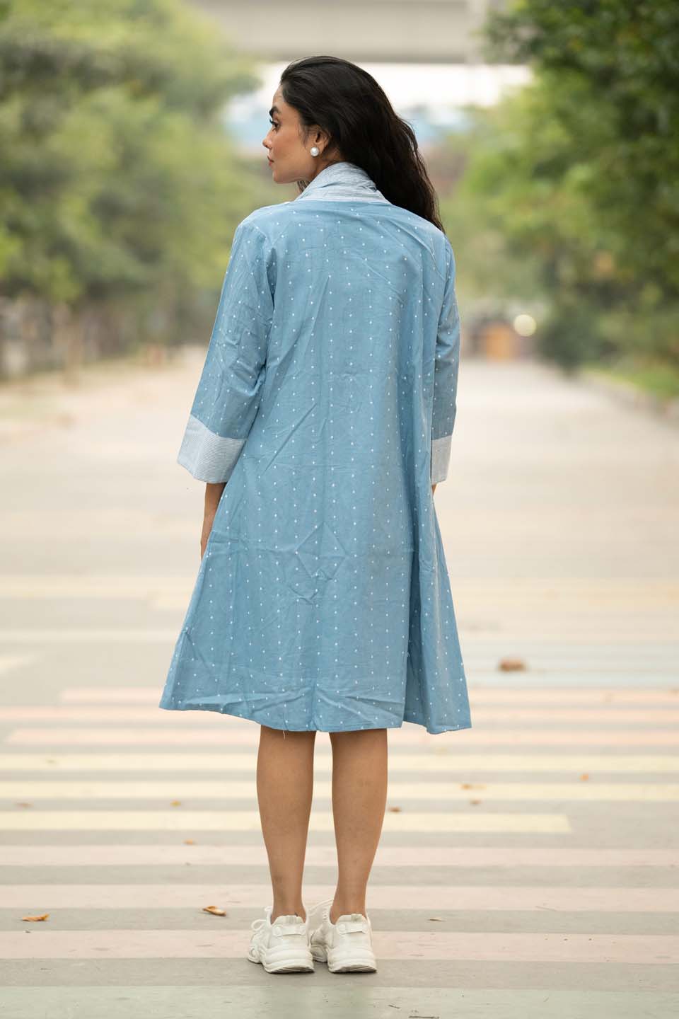 Sky Dot — Cotton Stripe Dress with Dot Shrug and Attached Stole