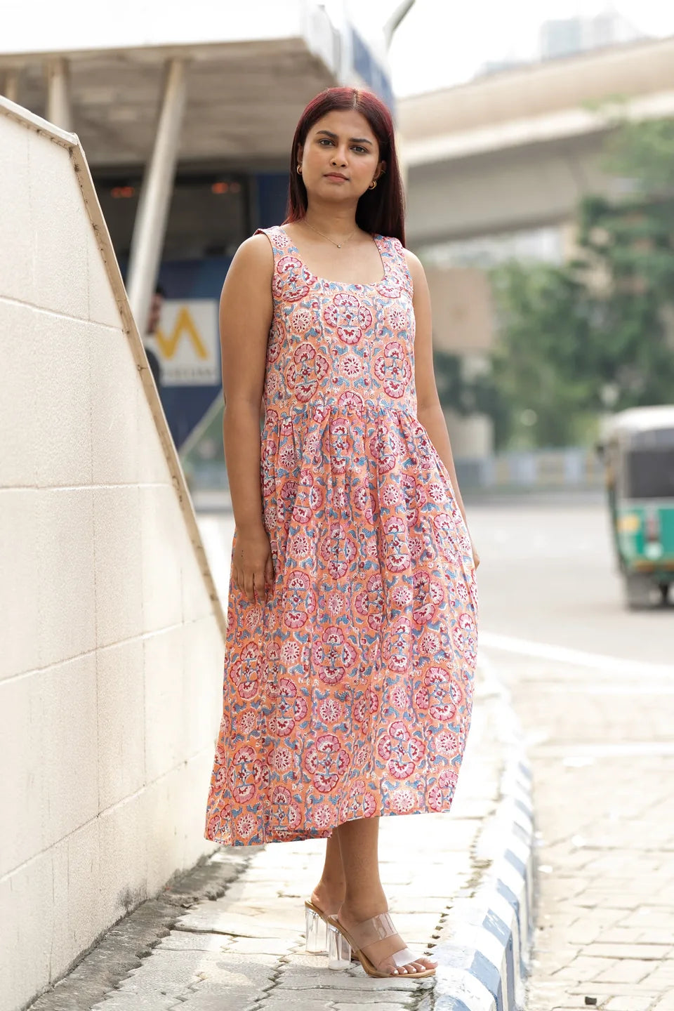 Coral Medallion — Medallion Block Print Fit-&-Flare Cotton Midi Dress