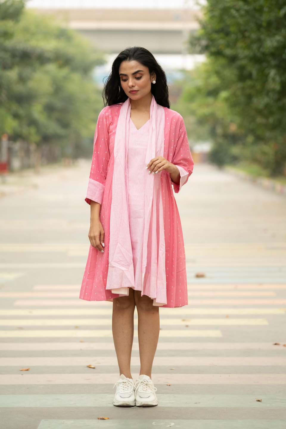 Blush Dot — Cotton Stripe Dress with Dot Shrug and Attached Stole