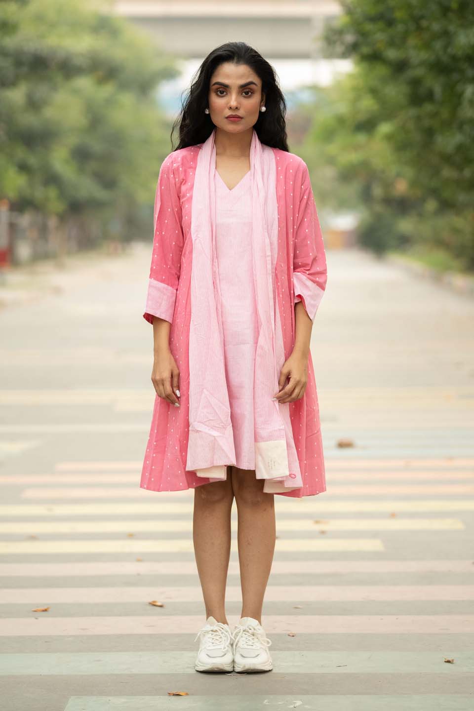 Blush Dot — Cotton Stripe Dress with Dot Shrug and Attached Stole