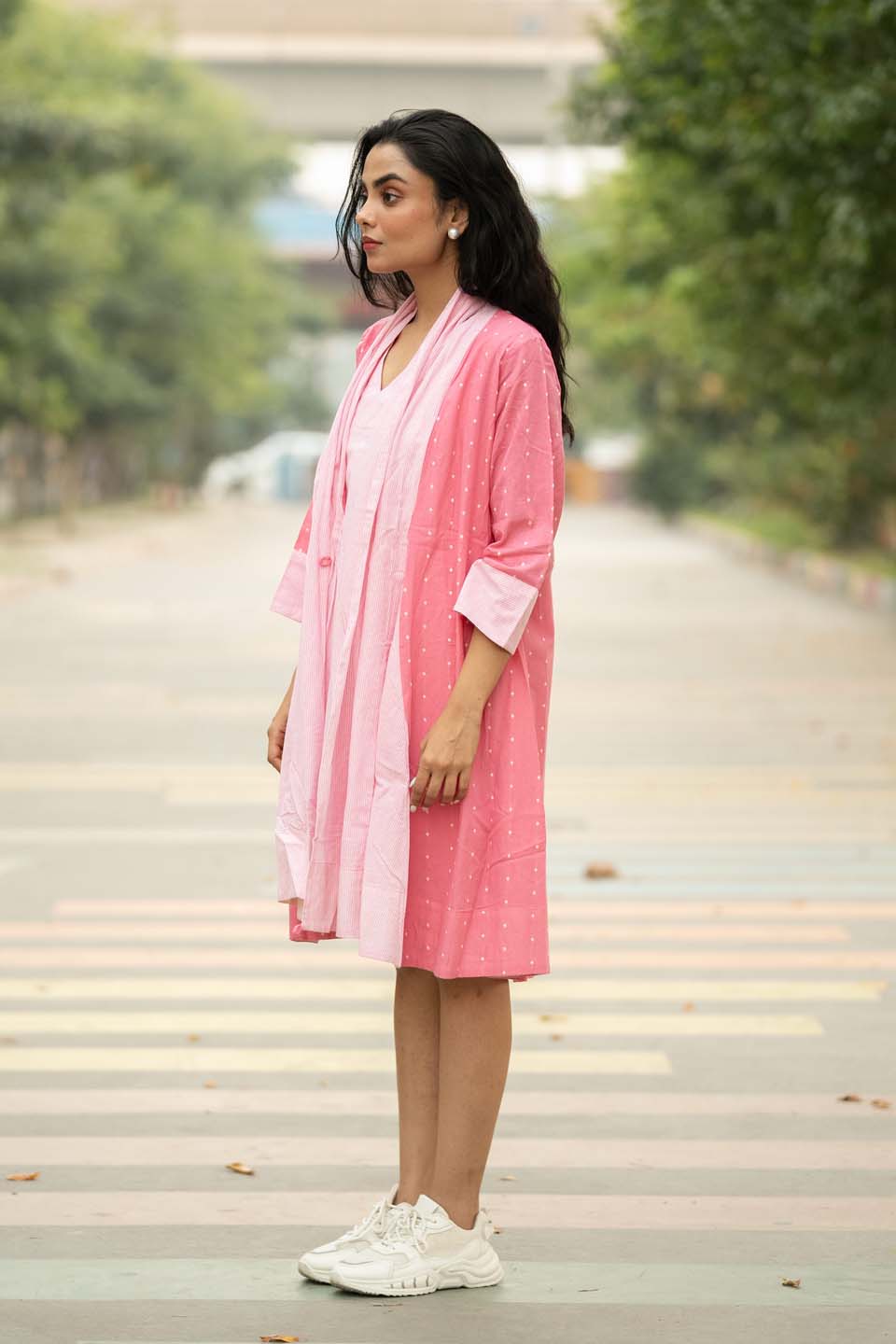 Blush Dot — Cotton Stripe Dress with Dot Shrug and Attached Stole