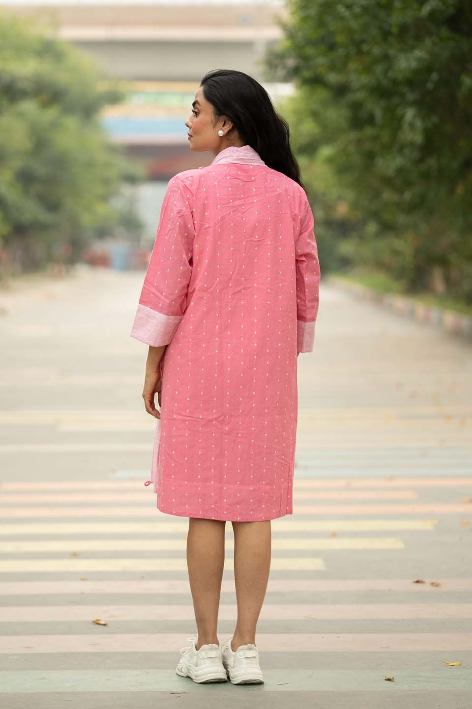 Blush Dot — Cotton Stripe Dress with Dot Shrug and Attached Stole
