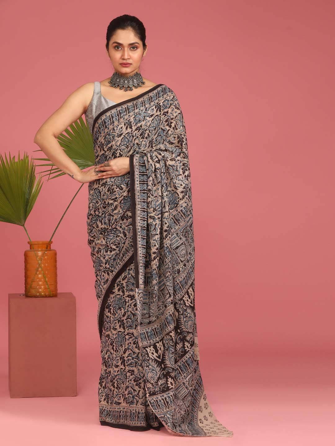 Indethnic Kalamkari Handblock Mulmul Cotton Saree - View 1