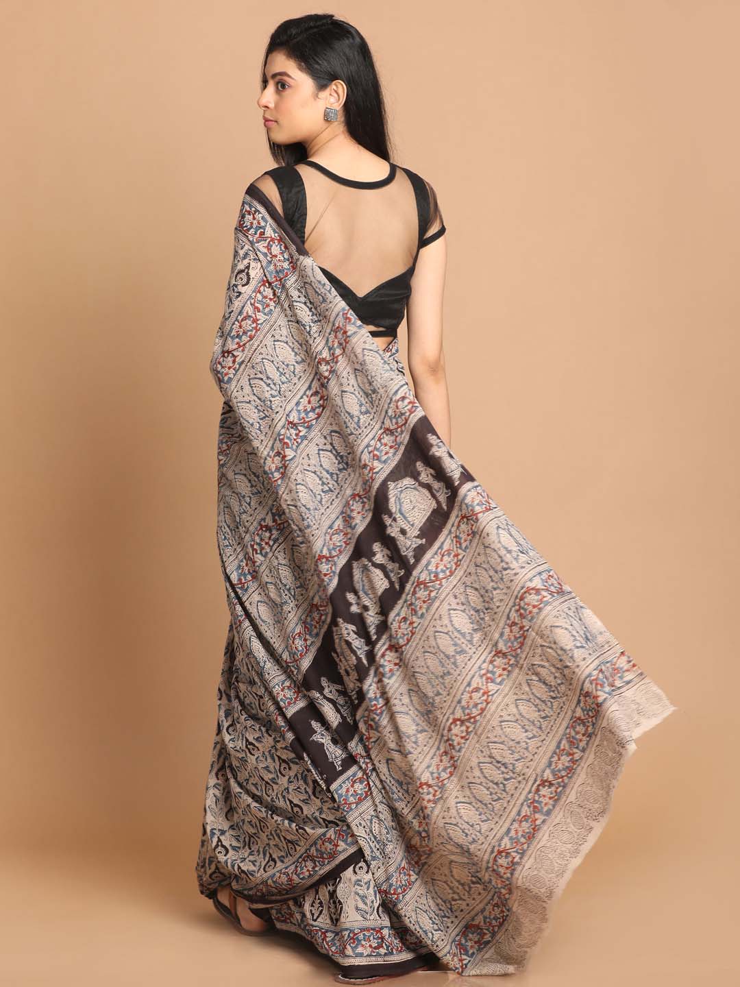 Indethnic Kalamkari Handblock Mulmul Cotton Saree - View 3