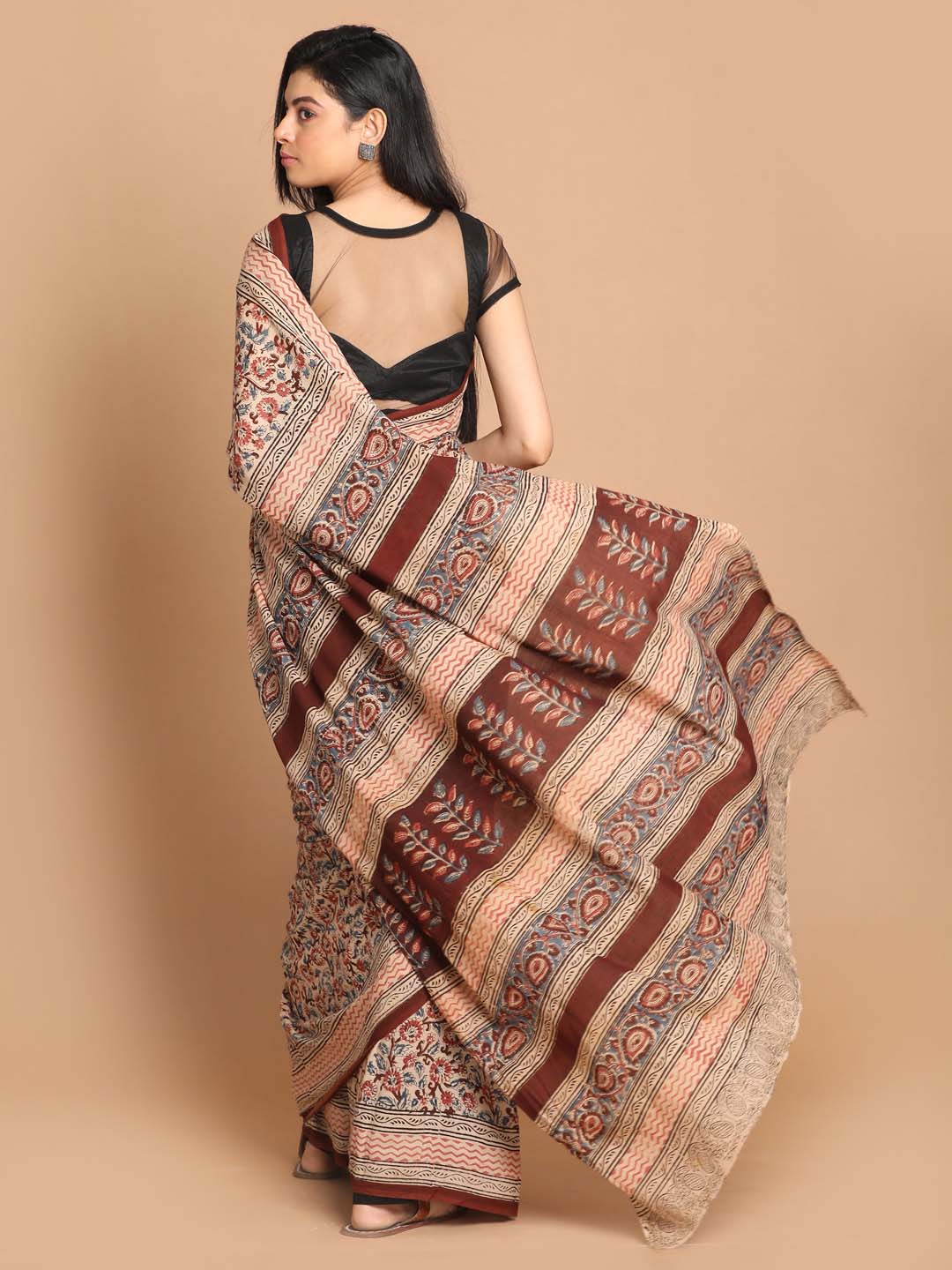 Indethnic Kalamkari Handblock Mulmul Cotton Saree - View 3