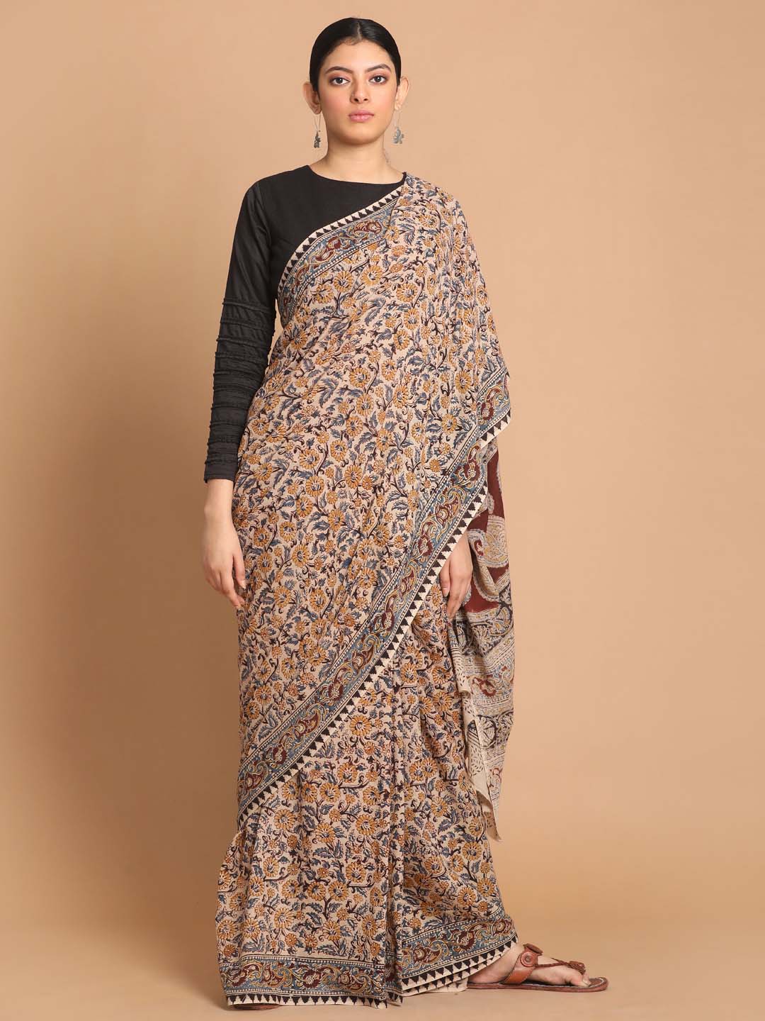 Indethnic Kalamkari Handblock Mulmul Cotton Saree - View 1
