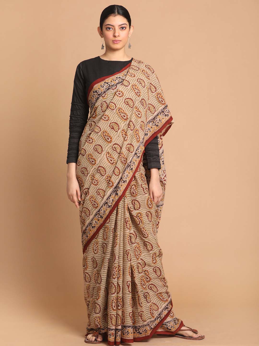Indethnic Kalamkari Handblock Mulmul Cotton Saree - View 1