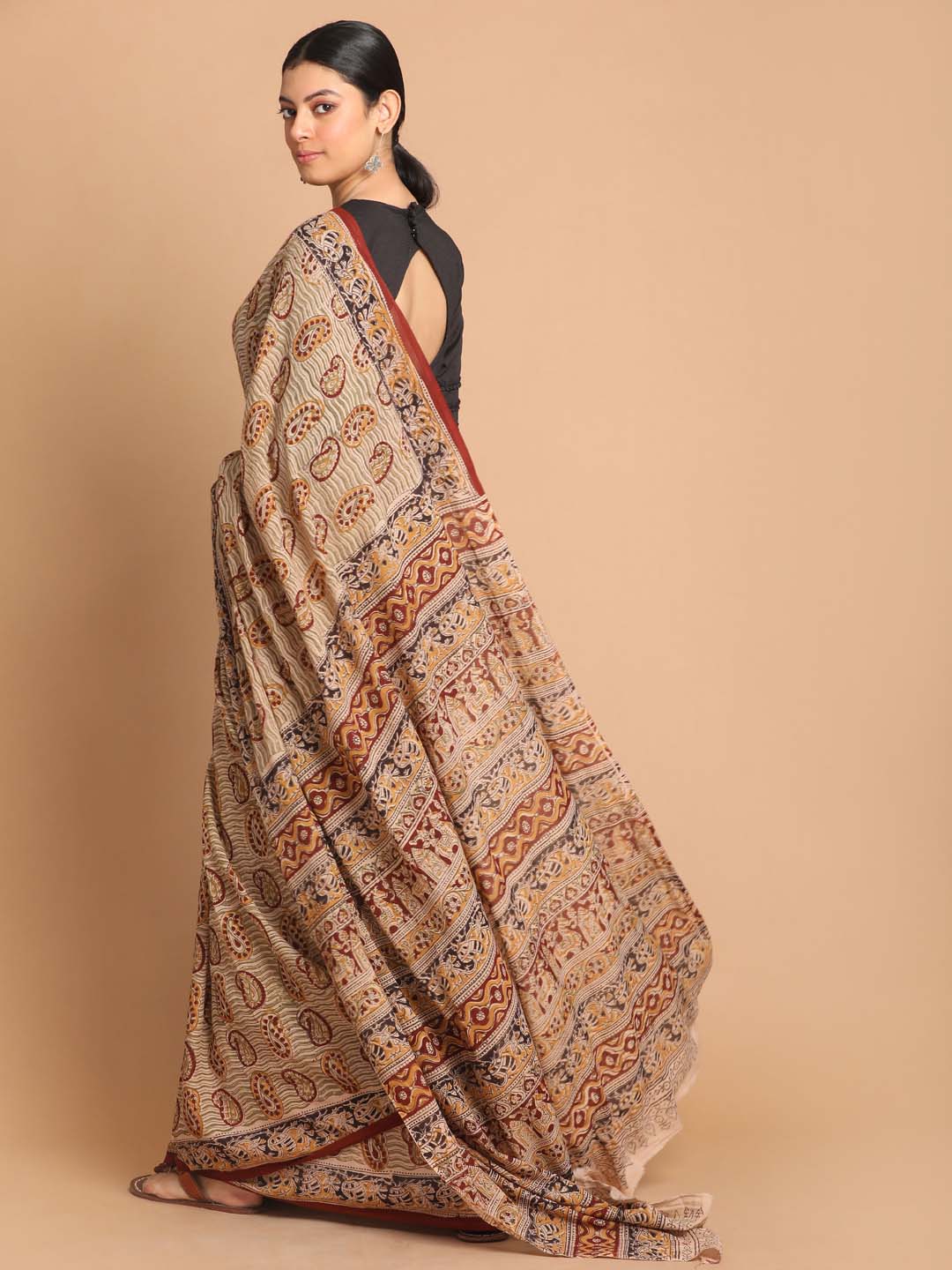 Indethnic Kalamkari Handblock Mulmul Cotton Saree - View 3