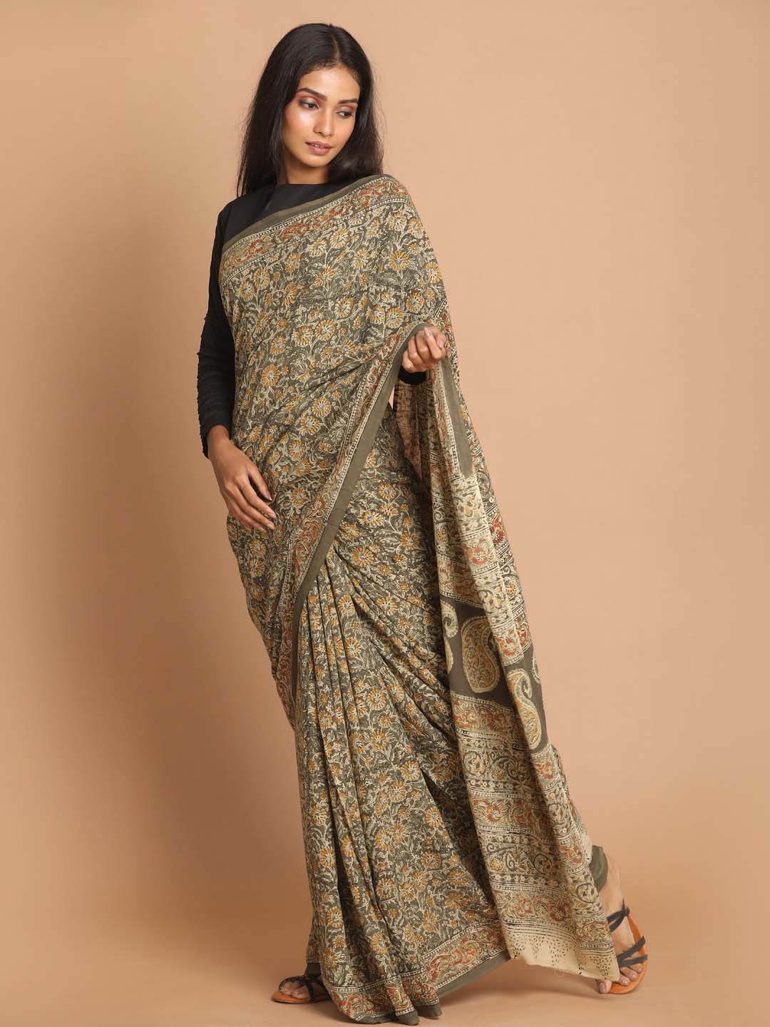 Indethnic Kalamkari Handblock Mulmul Cotton Saree - View 1