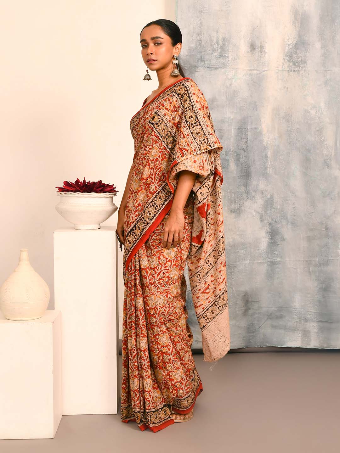 CRIMSON FLORAL FANTASY (KALAMKARI 100% PURE COTTON SAREE)