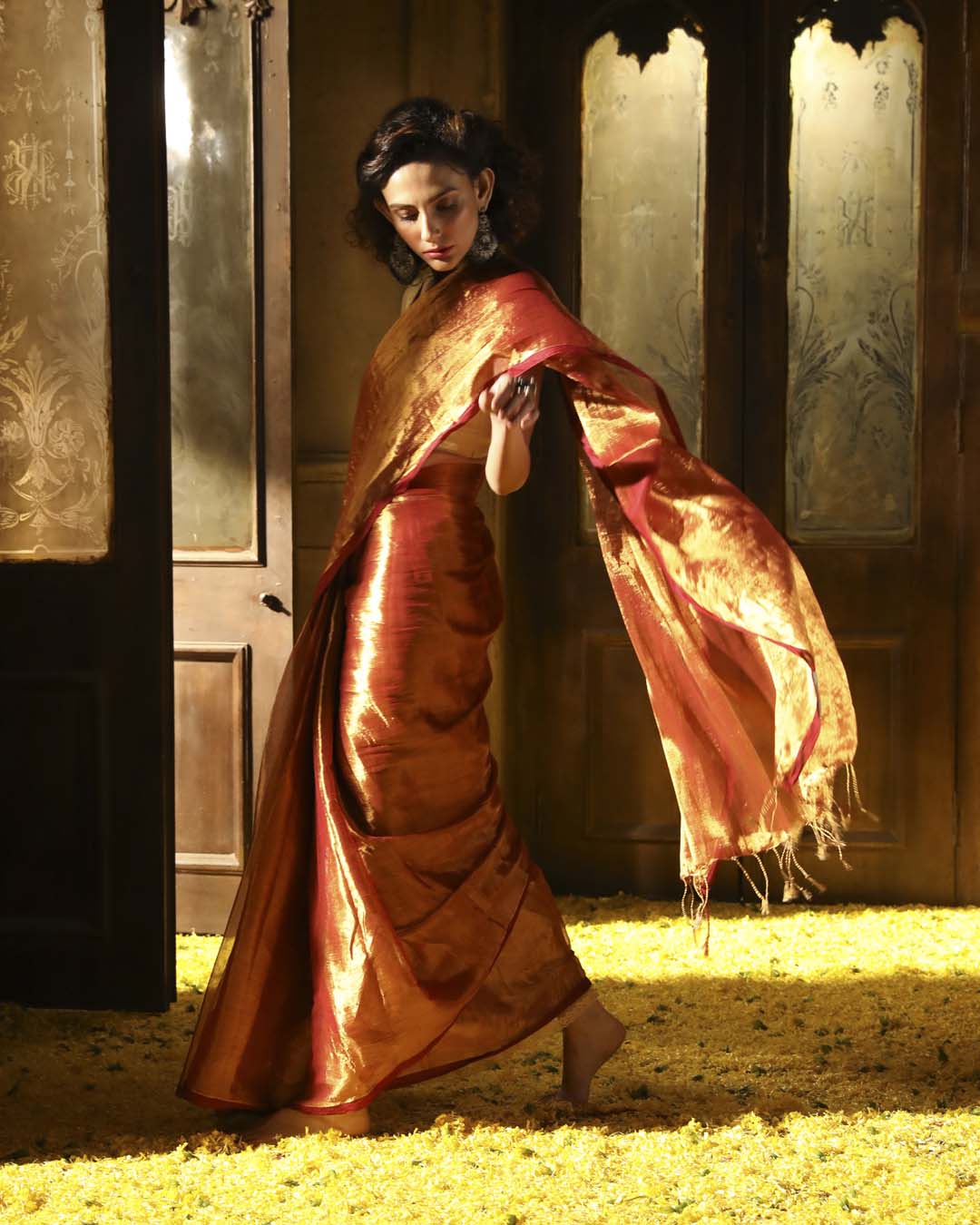 Indethnic Rust Pure Cotton Solid Design Sarees - View 1