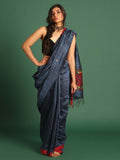 Indethnic Navy Blue Pure Silk Ethnic Motifs Design Jamdani - View 1