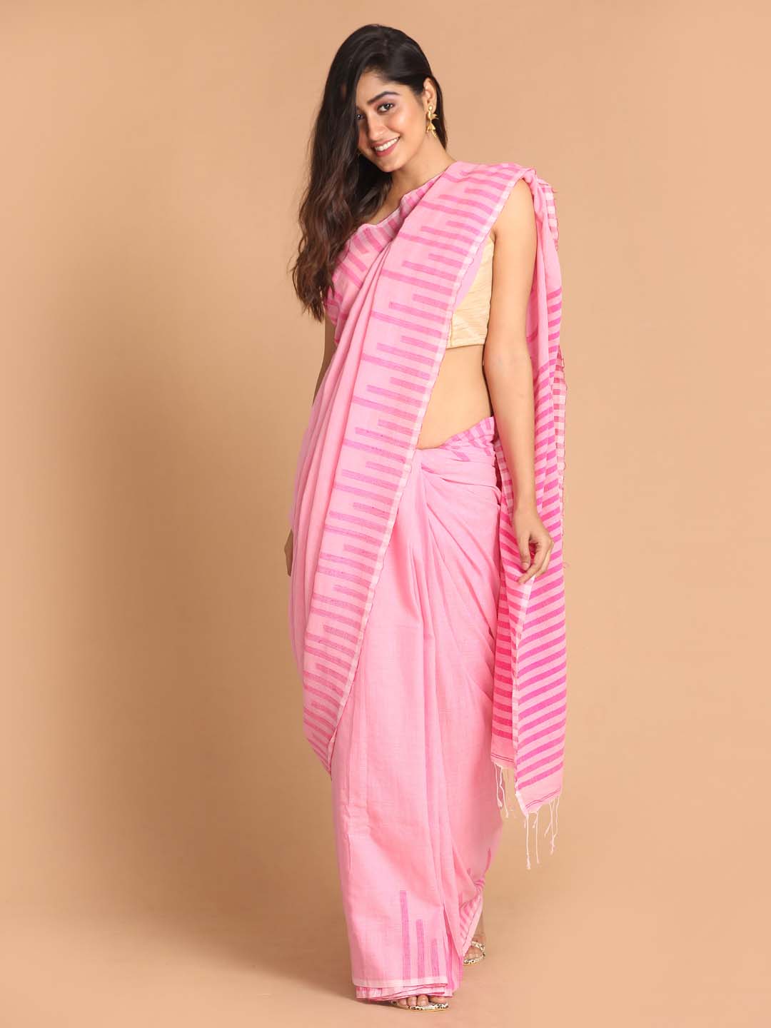 Indethnic Pink Bengal Handloom Pure Cotton Saree Work Saree - View 1