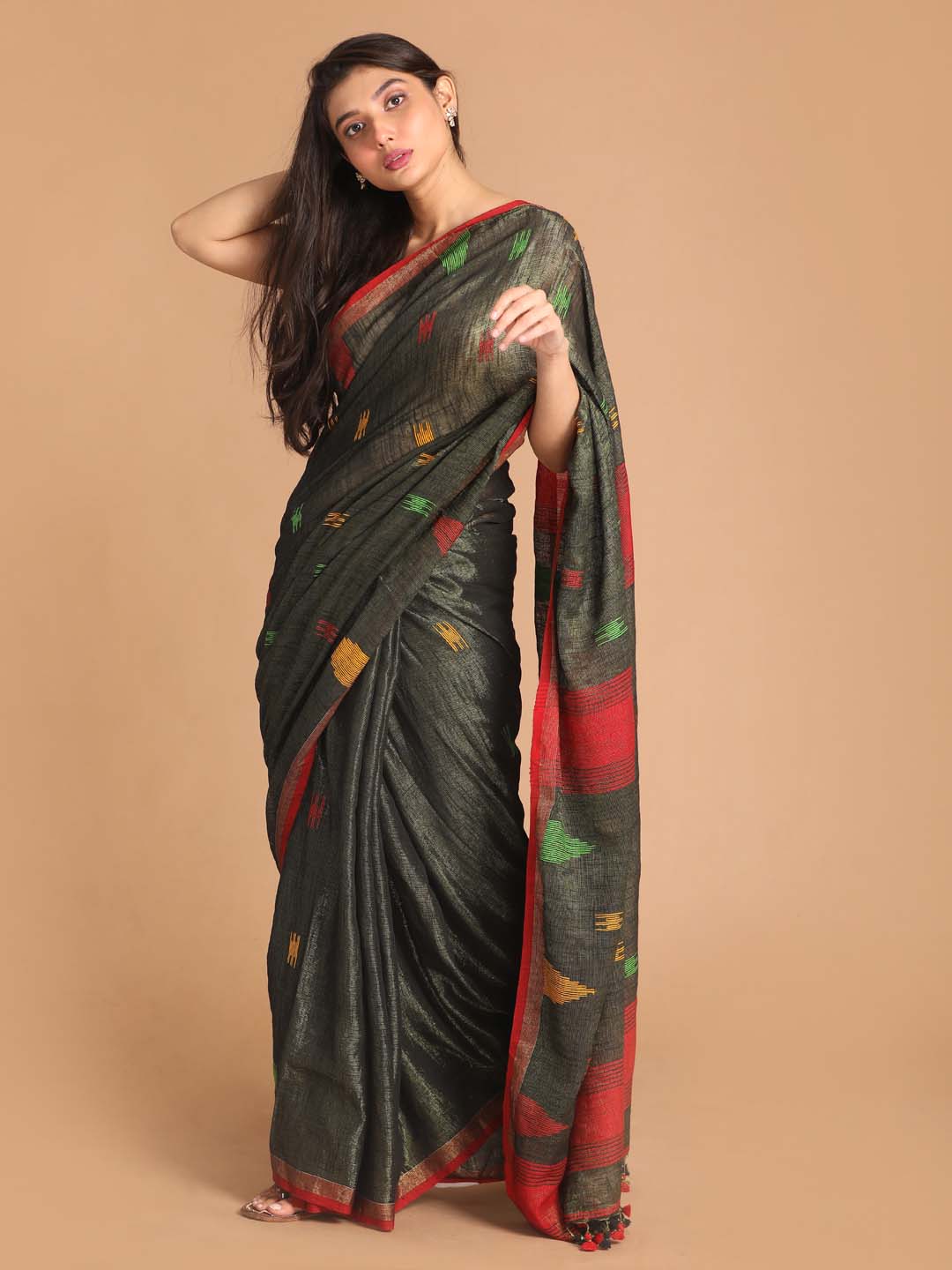 Indethnic Black Bengal Handloom Cotton Blend Party Saree - View 1