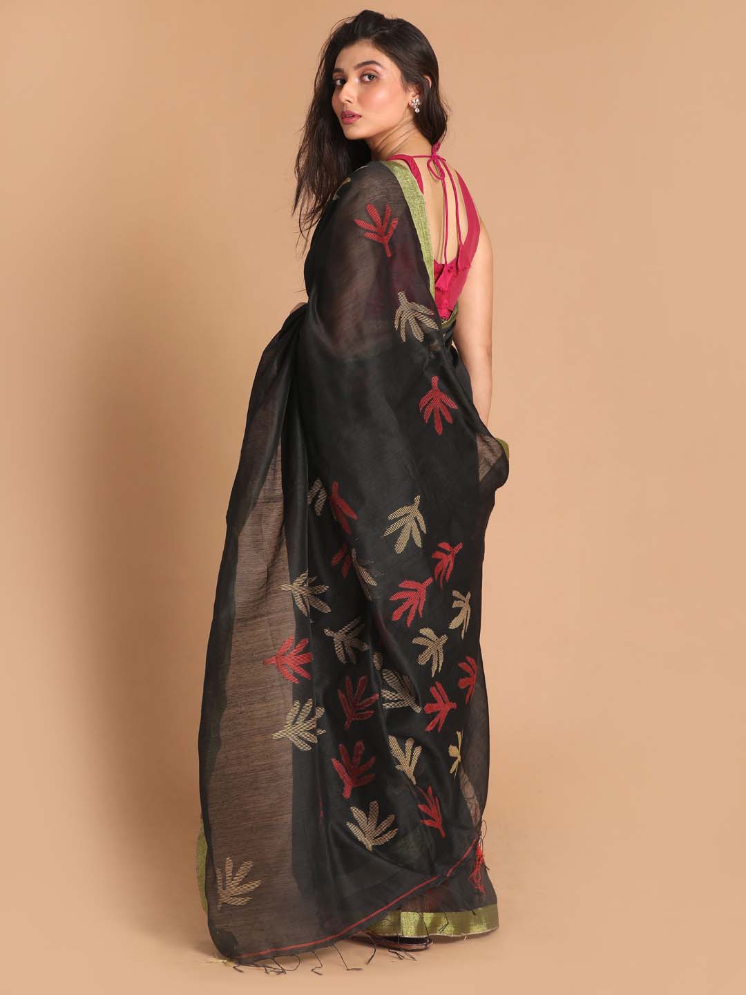 Indethnic Black Bengal Handloom Cotton Blend Work Saree - View 3