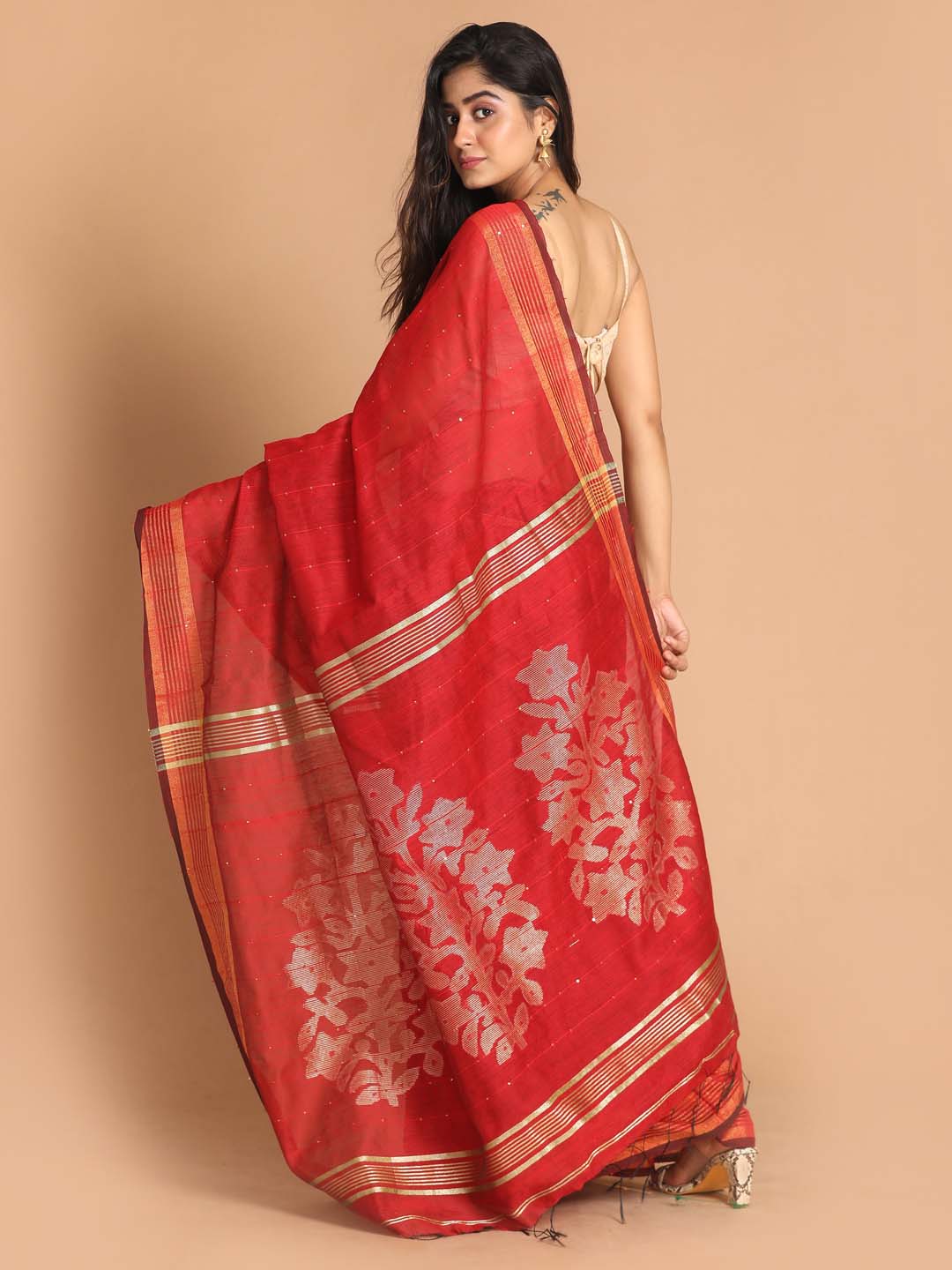 Indethnic Red Bengal Handloom Cotton Blend Party Saree - View 3
