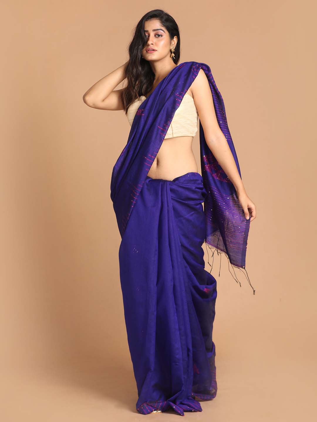 Indethnic Blue Bengal Handloom Cotton Blend Work Saree - View 1