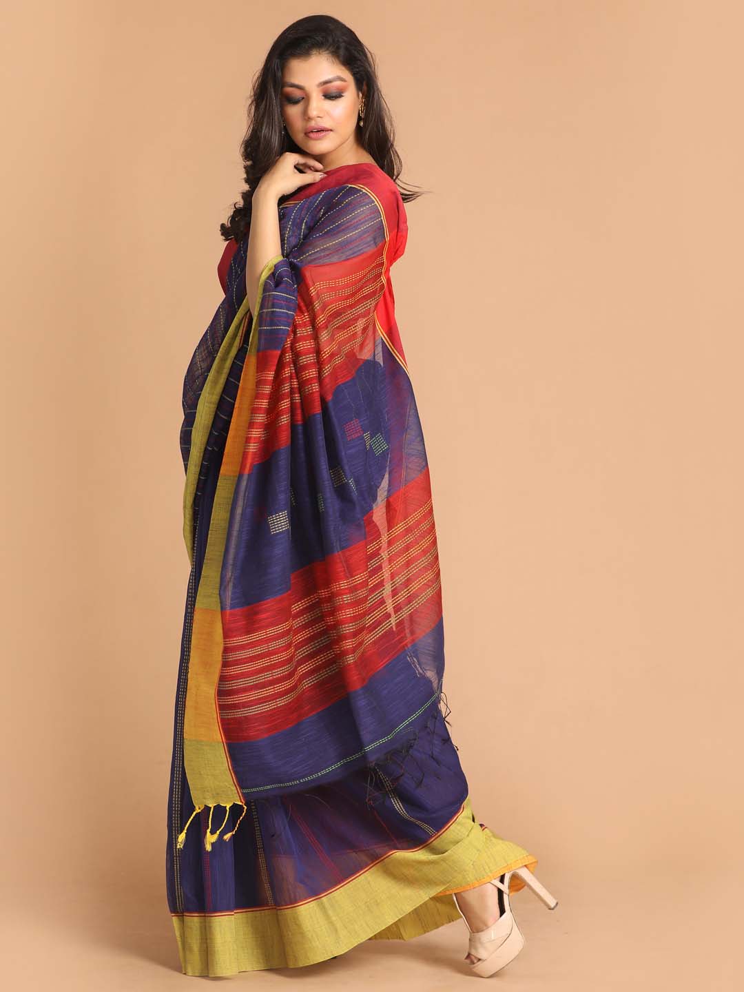 Indethnic Blue Bengal Handloom Cotton Blend Work Saree - View 2