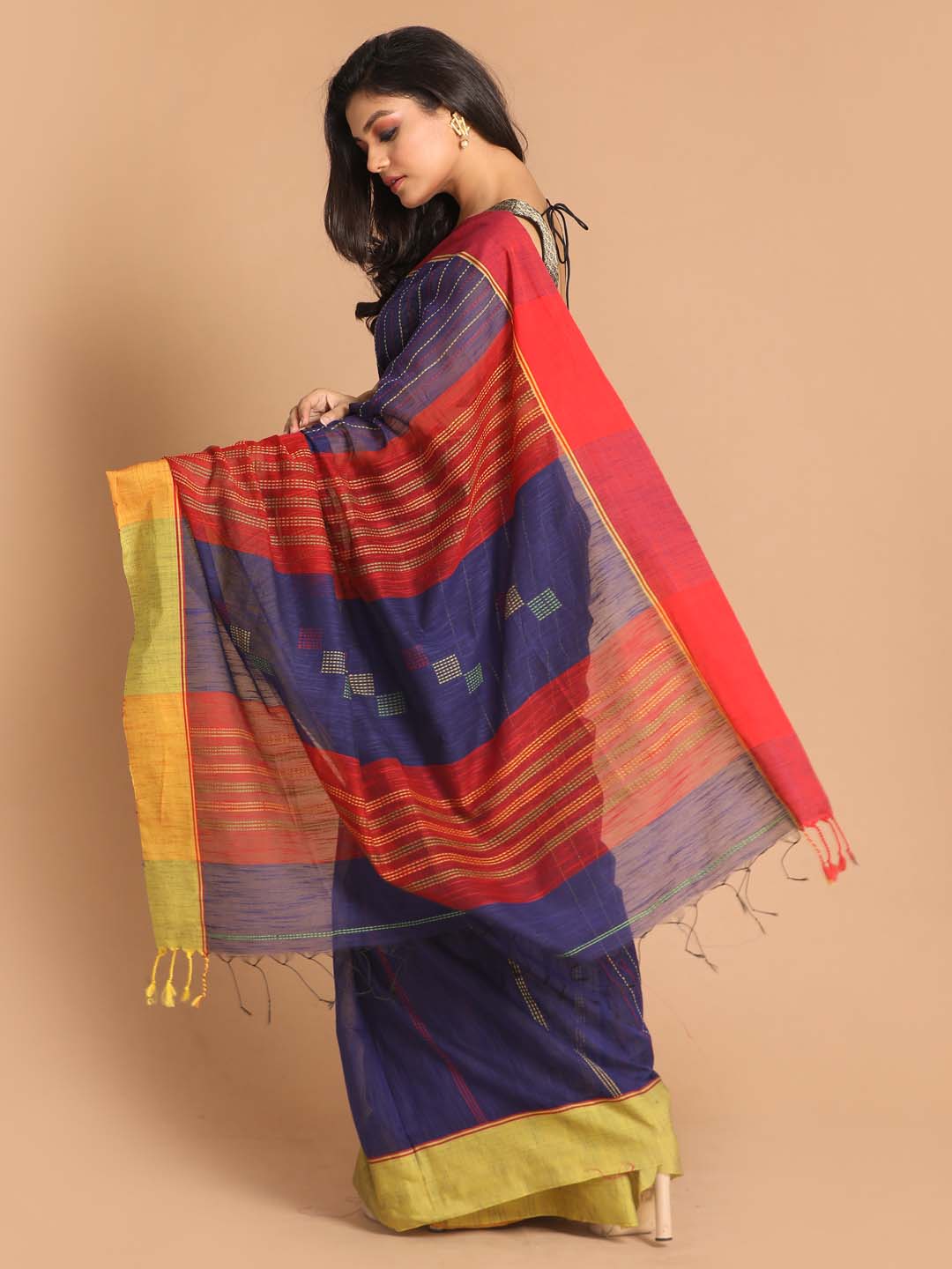 Indethnic Blue Bengal Handloom Cotton Blend Work Saree - View 3