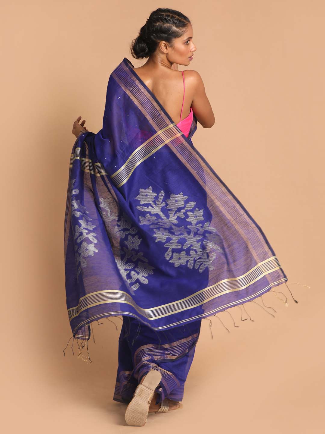 Indethnic Blue Bengal Handloom Cotton Blend Party Saree - View 3