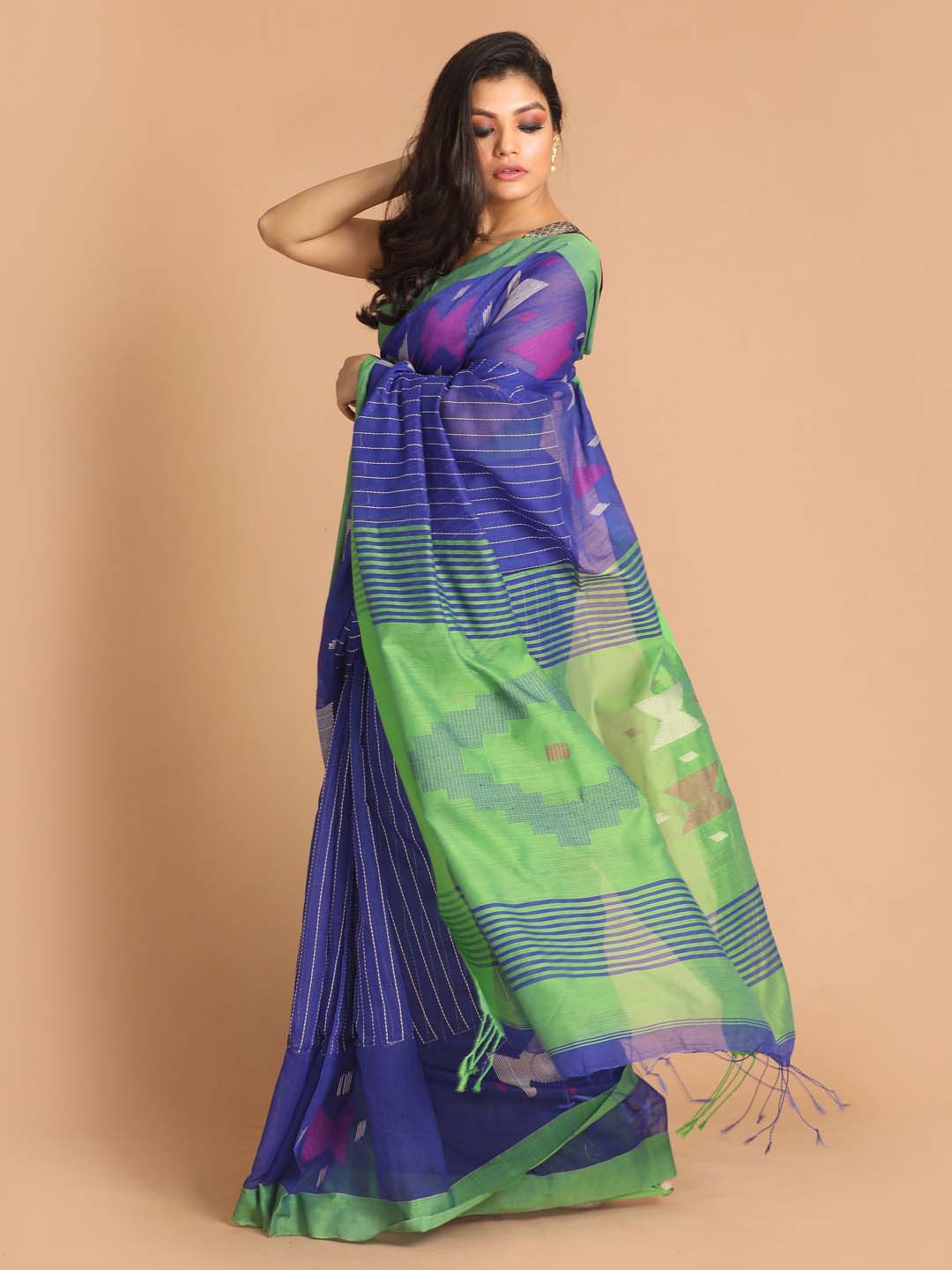 Indethnic Navy Blue Bengal Handloom Cotton Blend Work Saree - View 2