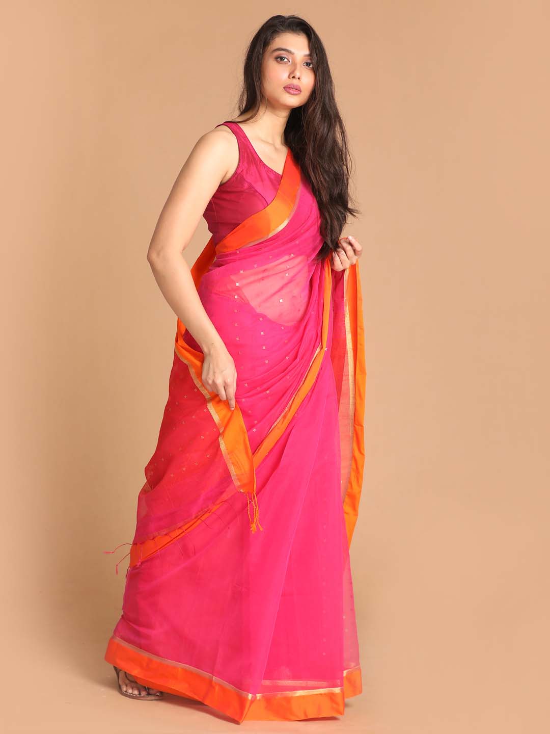 Indethnic Pink Bengal Handloom Cotton Blend Work Saree - View 2