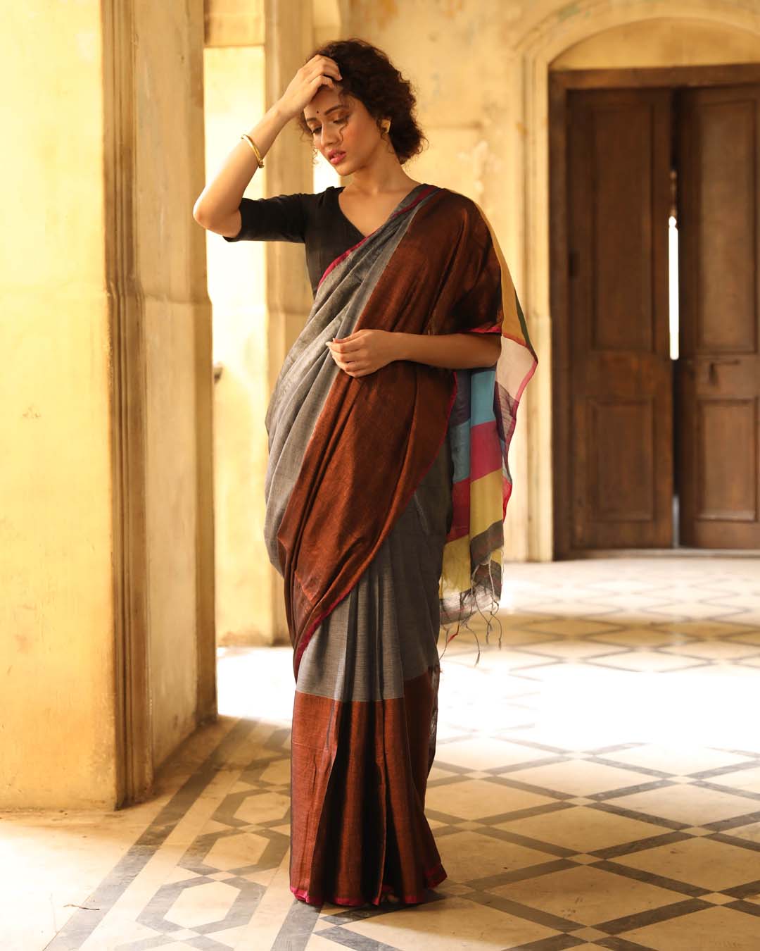 Indethnic Black Color Blocked Party Wear - View 2