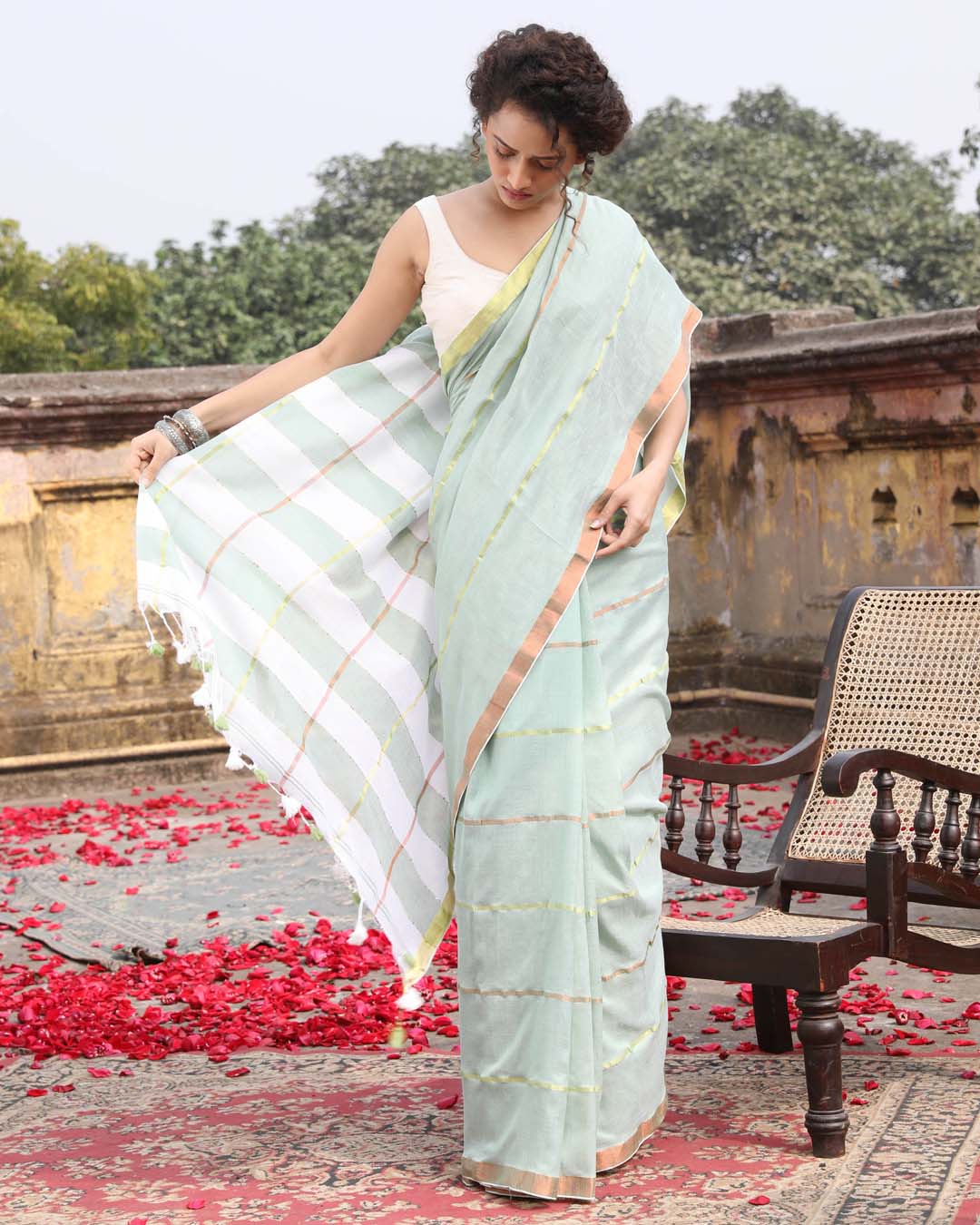 Indethnic Green Color Blocked Party Wear - View 2