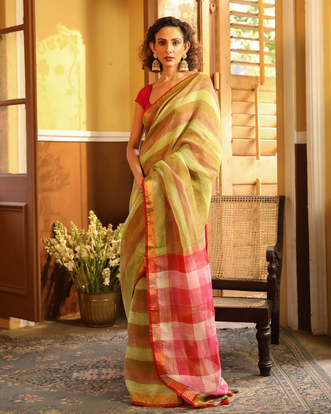 Indethnic Green Color Blocked Party Wear - View 3