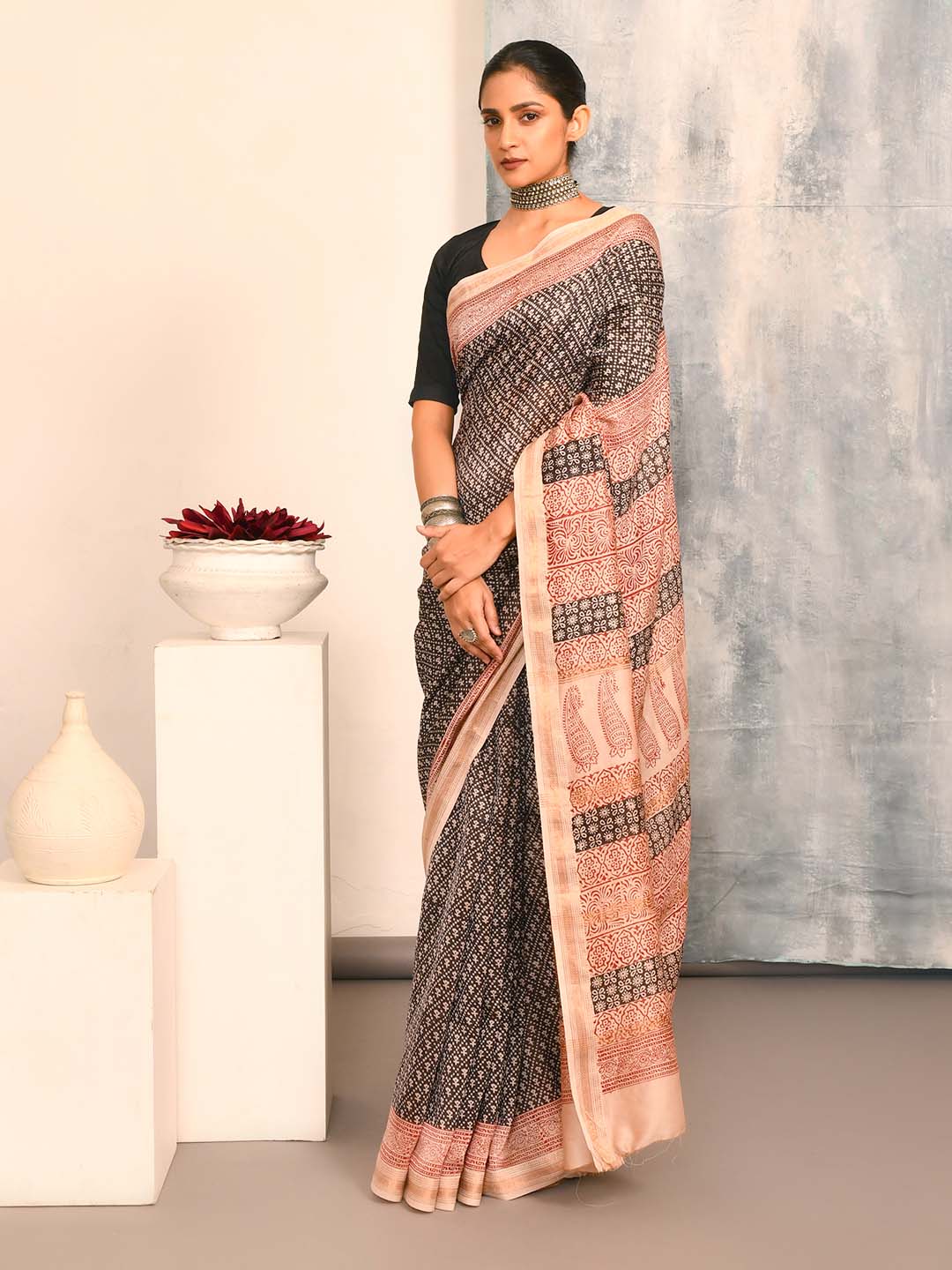 MIDNIGHT ECHO (BAGRU SILK COTTON SAREE)